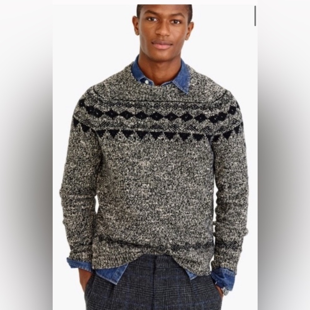 J. Crew Black and Gray Fair Isle Crewneck Sweater. Size L